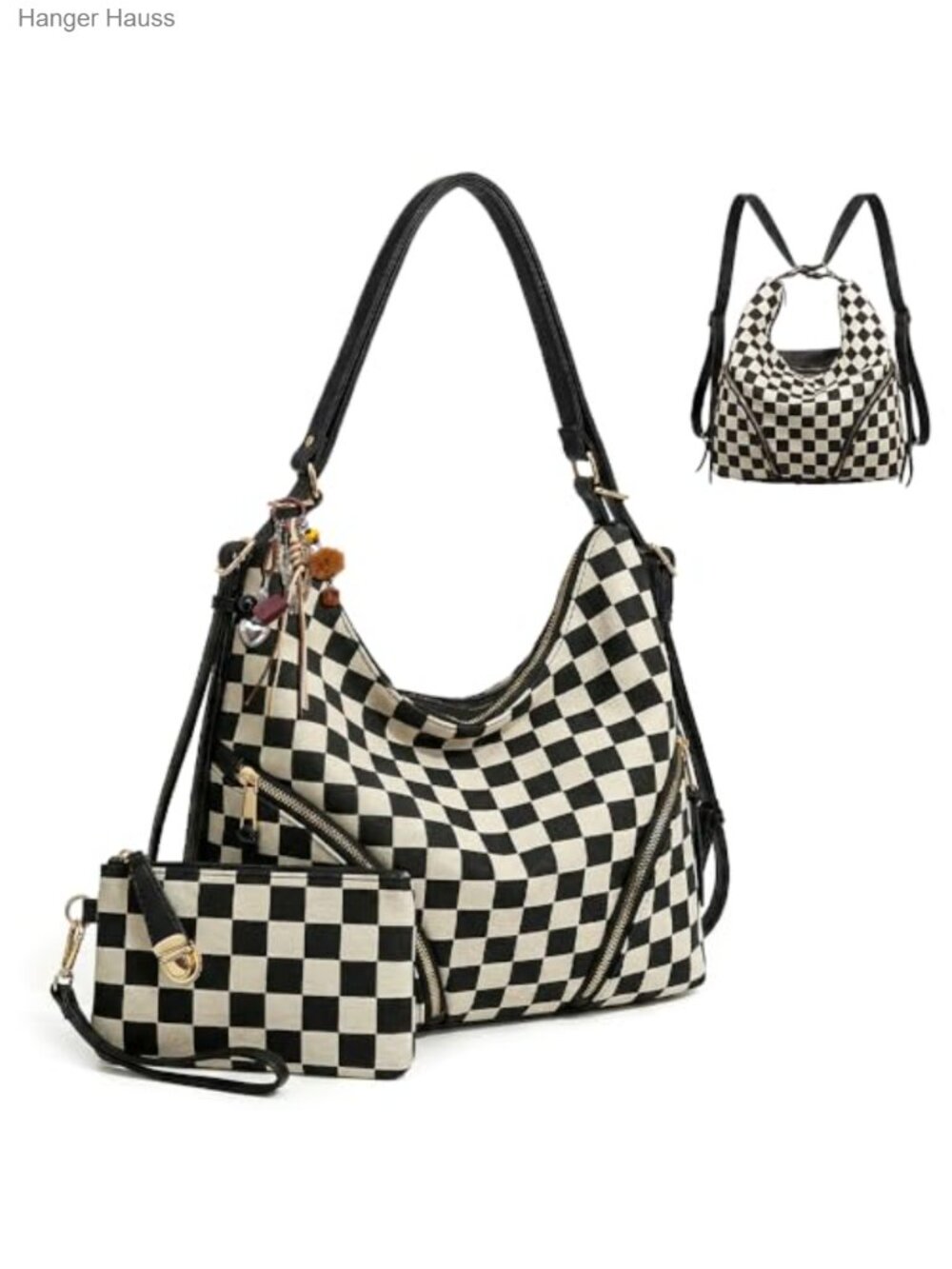 Convertible 3-in-1 PU Leather Hobo Bag with Pouch and Charms - Laptop Tote